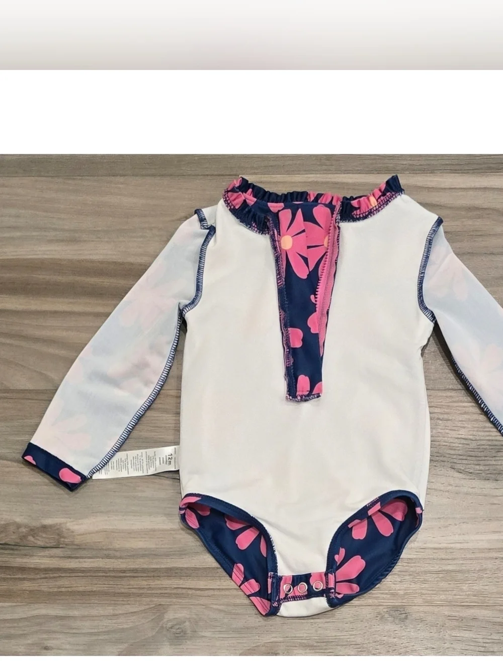 Carter’s Floral Rash Guard One Piece Swimsuit Size 12 Months Navy Pink Zip Front